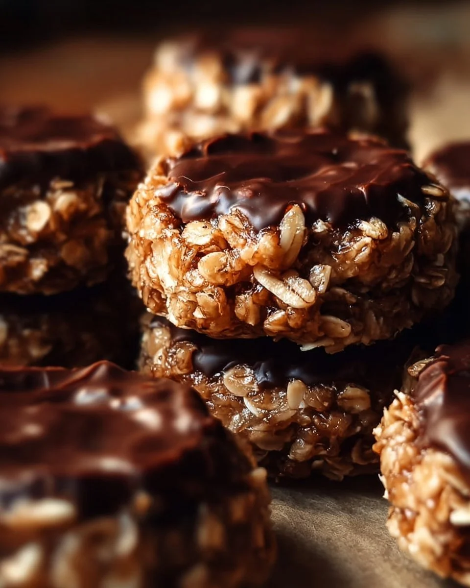 No-bake chocolate coconut oatmeal treats on a white plate