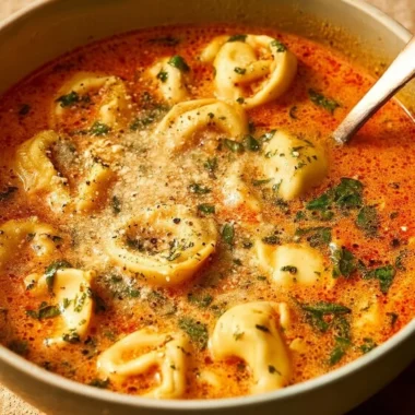 Delicious Parmesan Tomato Tortellini Soup served in a bowl with fresh herbs.