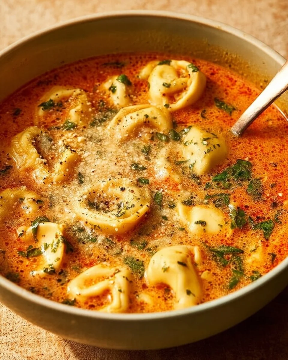 Delicious Parmesan Tomato Tortellini Soup served in a bowl with fresh herbs.