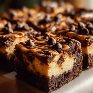 Peanut Butter Paradise Cheesecake Brownies displayed on a plate
