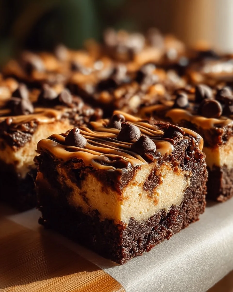 Peanut Butter Paradise Cheesecake Brownies displayed on a plate