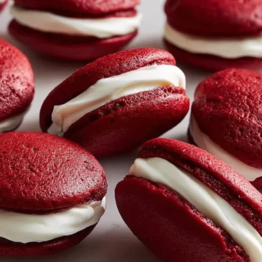 Delicious red velvet whoopie pies with cream cheese filling on a plate