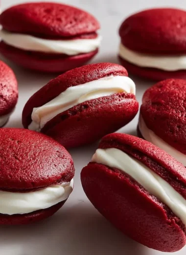 Delicious red velvet whoopie pies with cream cheese filling on a plate