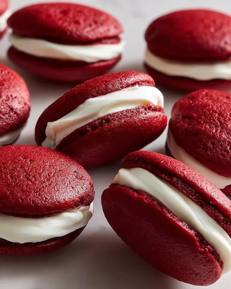Delicious red velvet whoopie pies with cream cheese filling on a plate