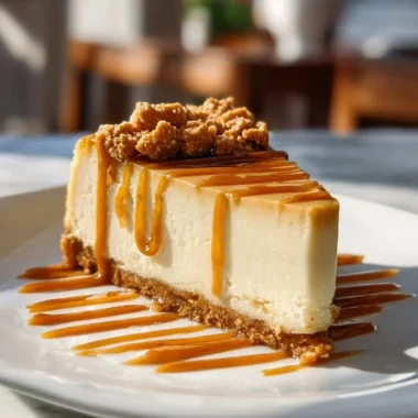 Delicious slice of rich butterscotch cheesecake with caramel drizzle