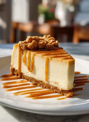 Delicious slice of rich butterscotch cheesecake with caramel drizzle