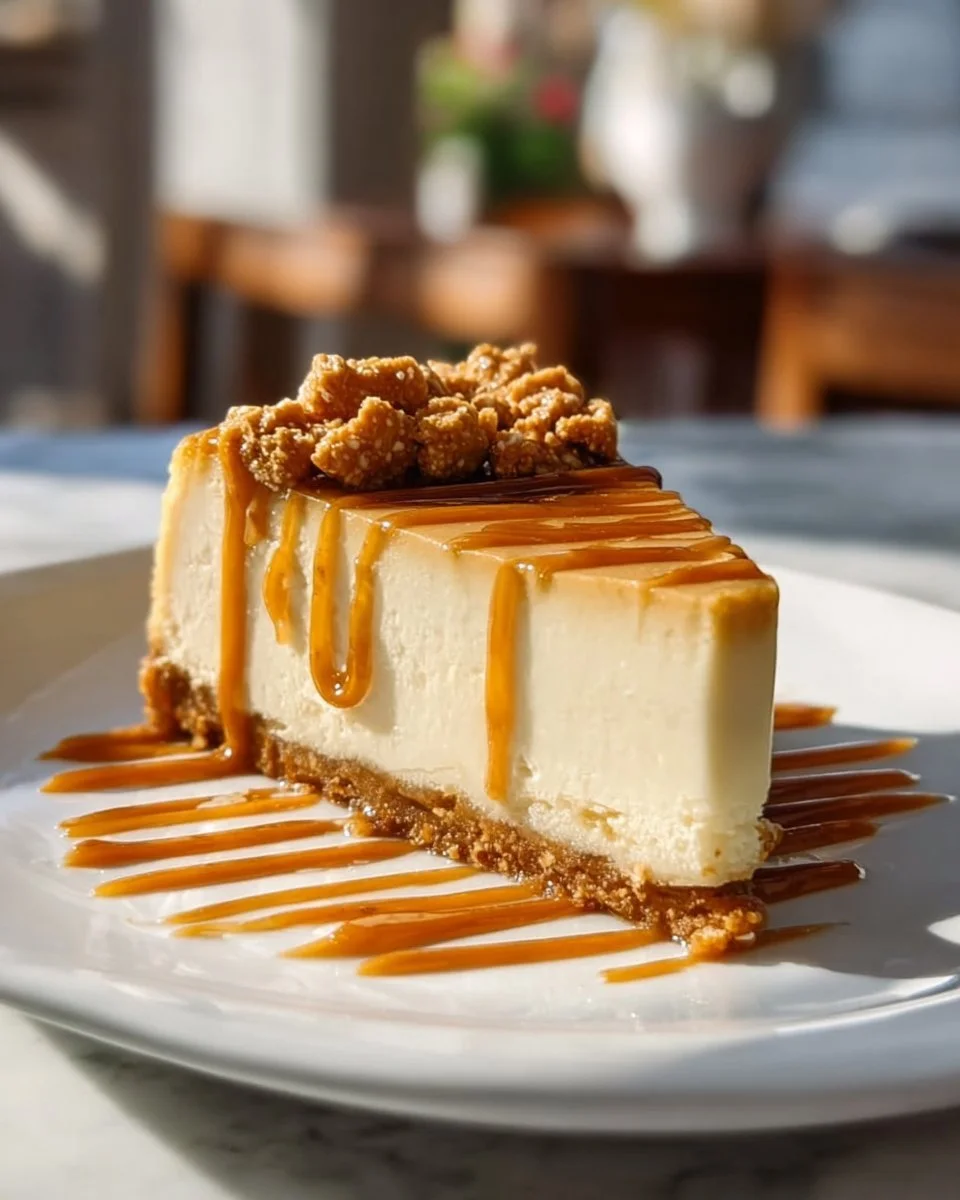 Delicious slice of rich butterscotch cheesecake with caramel drizzle