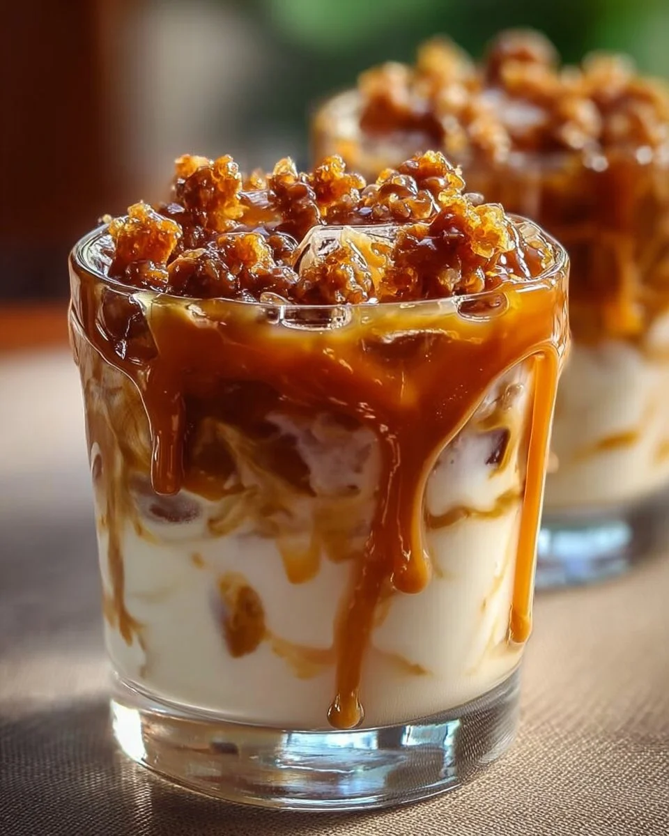 Delicious Salted Caramel White Russian cocktail with a salted rim and caramel drizzle