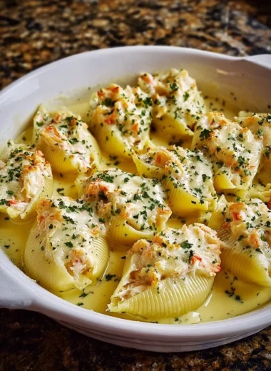 Delicious seafood stuffed shells topped with sauce and cheese