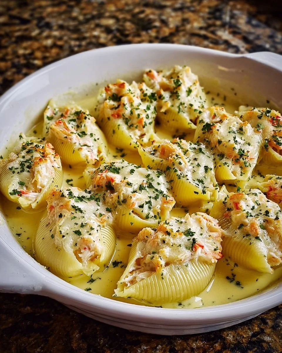 Delicious seafood stuffed shells topped with sauce and cheese