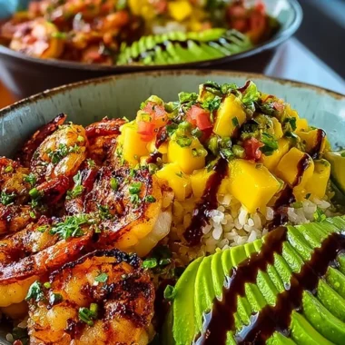 Shrimp avocado bowl topped with mango salsa and lime-chili sauce