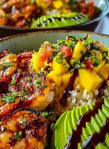 Shrimp avocado bowl topped with mango salsa and lime-chili sauce