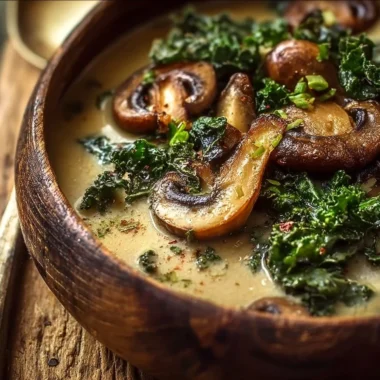 Bowl of simple wild mushroom soup with caramelized onion and kale garnished with herbs