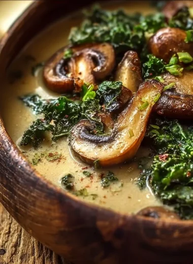 Bowl of simple wild mushroom soup with caramelized onion and kale garnished with herbs