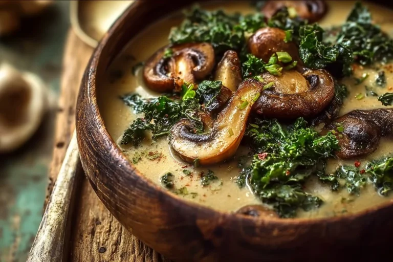 Bowl of simple wild mushroom soup with caramelized onion and kale garnished with herbs