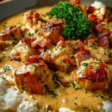 Plate of smothered chicken served over fluffy rice with rich gravy