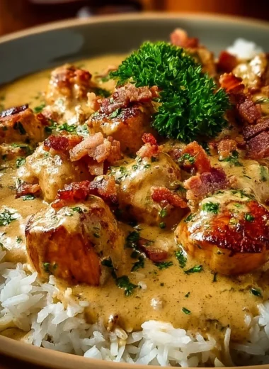 Plate of smothered chicken served over fluffy rice with rich gravy