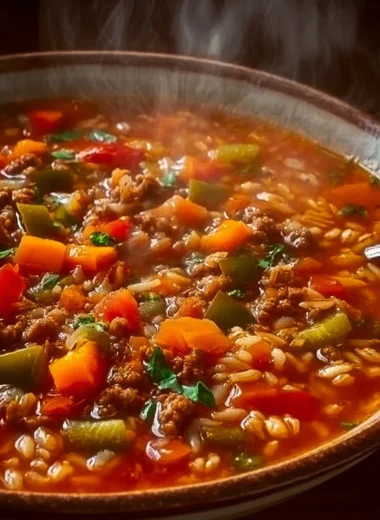 Bowl of delicious stuffed pepper soup garnished with herbs