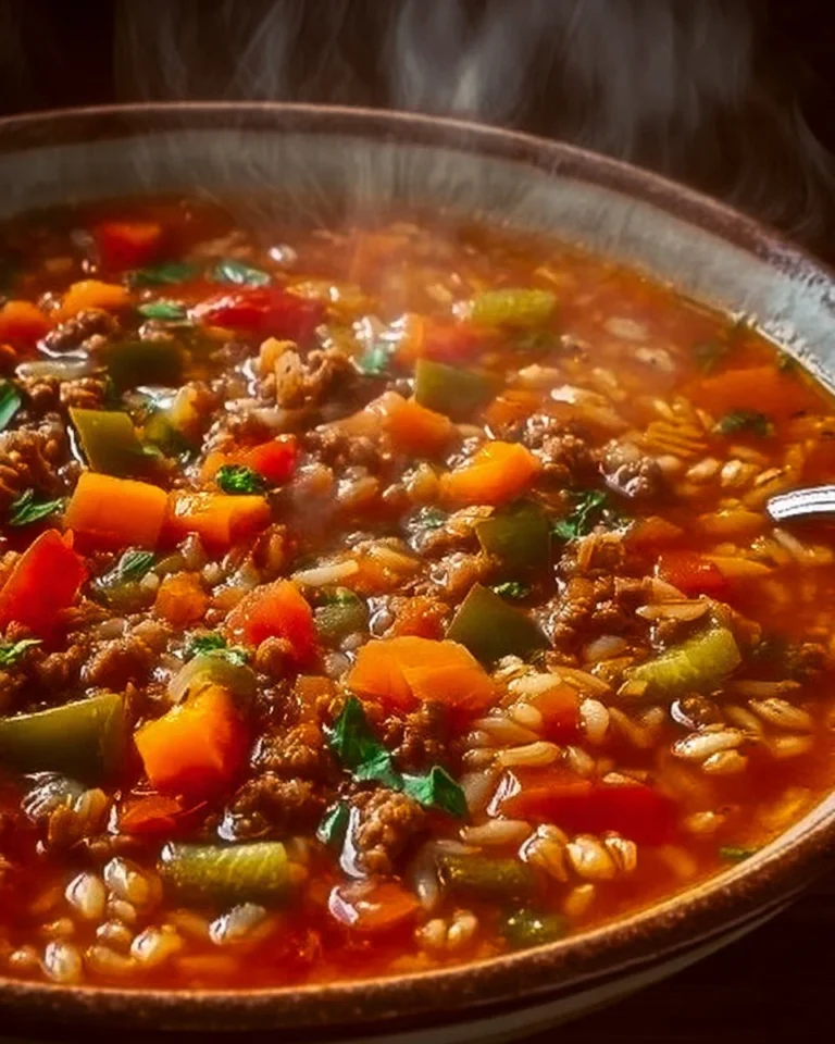 Bowl of delicious stuffed pepper soup garnished with herbs