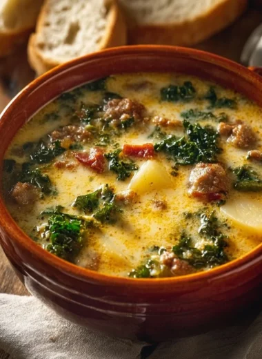 Bowl of delicious Tuscan soup with fresh vegetables and herbs