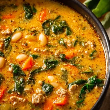 Bowl of homemade Tuscan white bean soup garnished with herbs