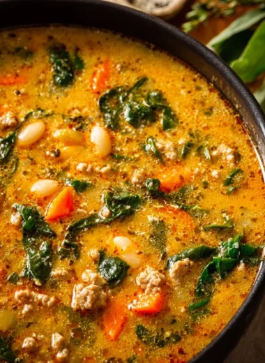 Bowl of homemade Tuscan white bean soup garnished with herbs