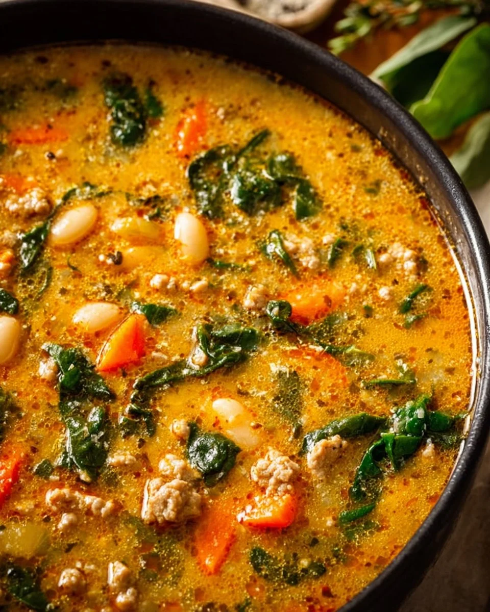 Bowl of homemade Tuscan white bean soup garnished with herbs