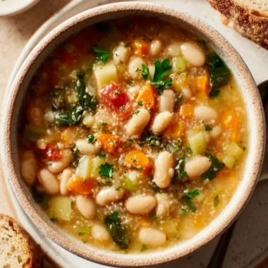 Bowl of Tuscan white bean soup garnished with herbs and served with crusty bread.