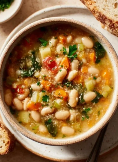 Bowl of Tuscan white bean soup garnished with herbs and served with crusty bread.
