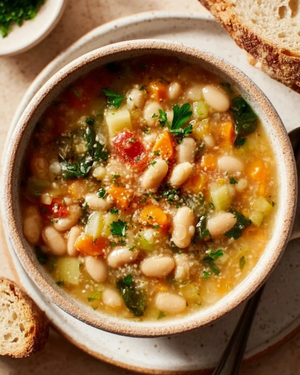 Bowl of Tuscan white bean soup garnished with herbs and served with crusty bread.