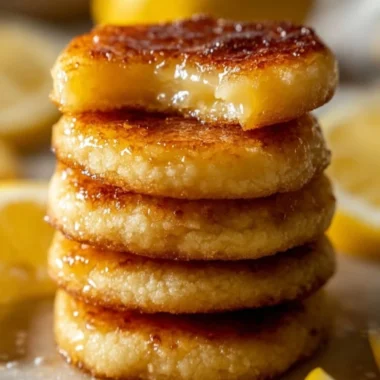 Luscious lemon curd cookies with a crème brûlée topping on a white plate.