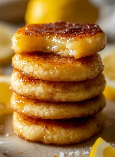 Luscious lemon curd cookies with a crème brûlée topping on a white plate.