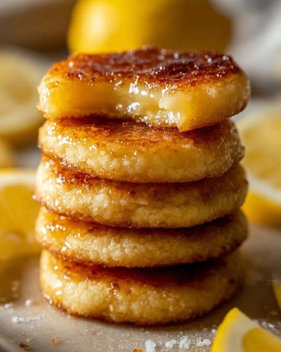 Luscious lemon curd cookies with a crème brûlée topping on a white plate.