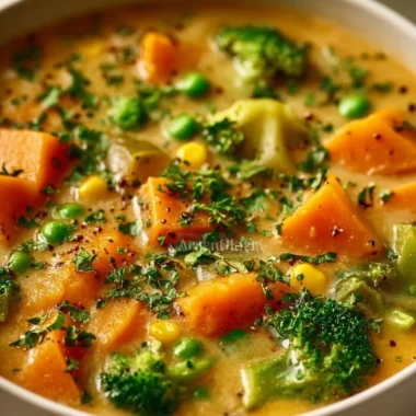A bowl of delicious veggie pot pie soup with a variety of colorful vegetables