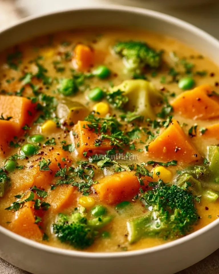 A bowl of delicious veggie pot pie soup with a variety of colorful vegetables