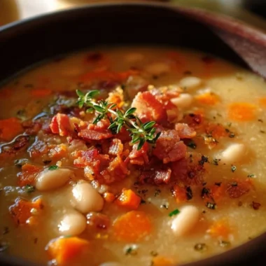 Bowl of white bean soup with bacon, garnished with herbs