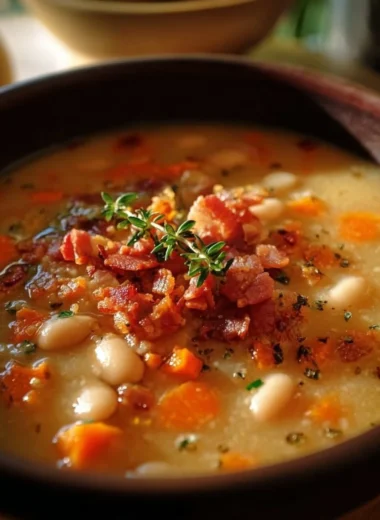 Bowl of white bean soup with bacon, garnished with herbs