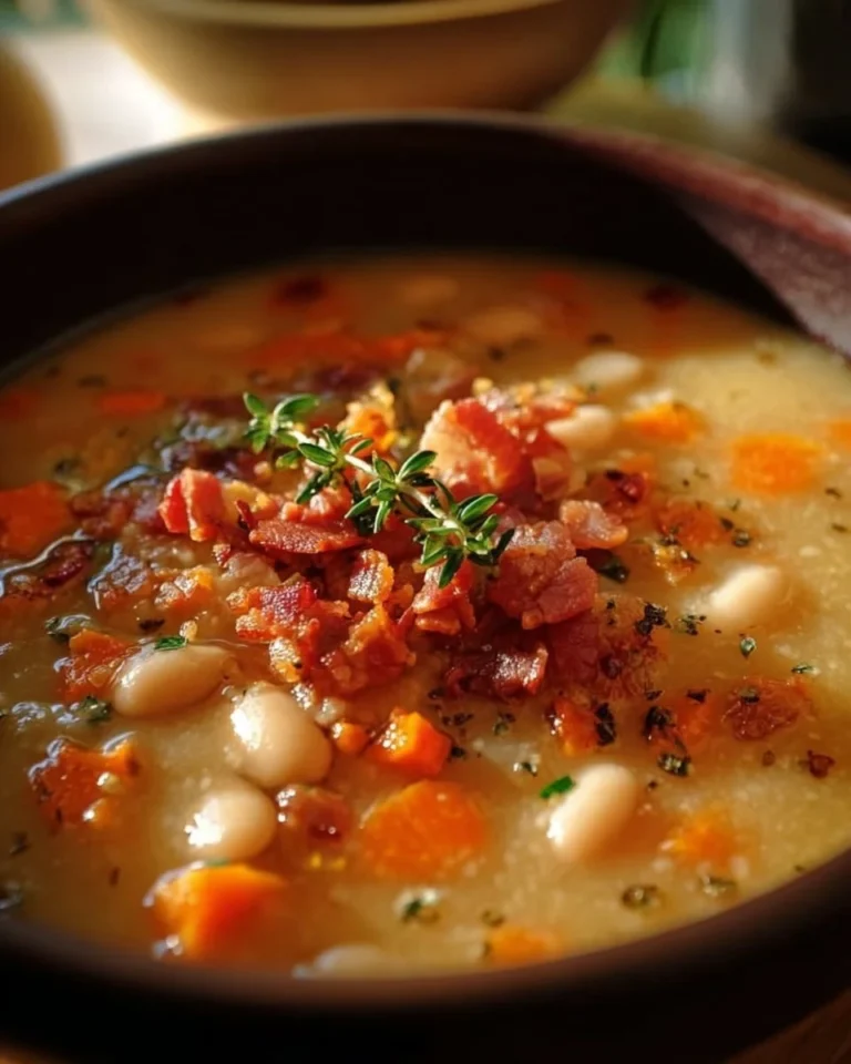 Bowl of white bean soup with bacon, garnished with herbs