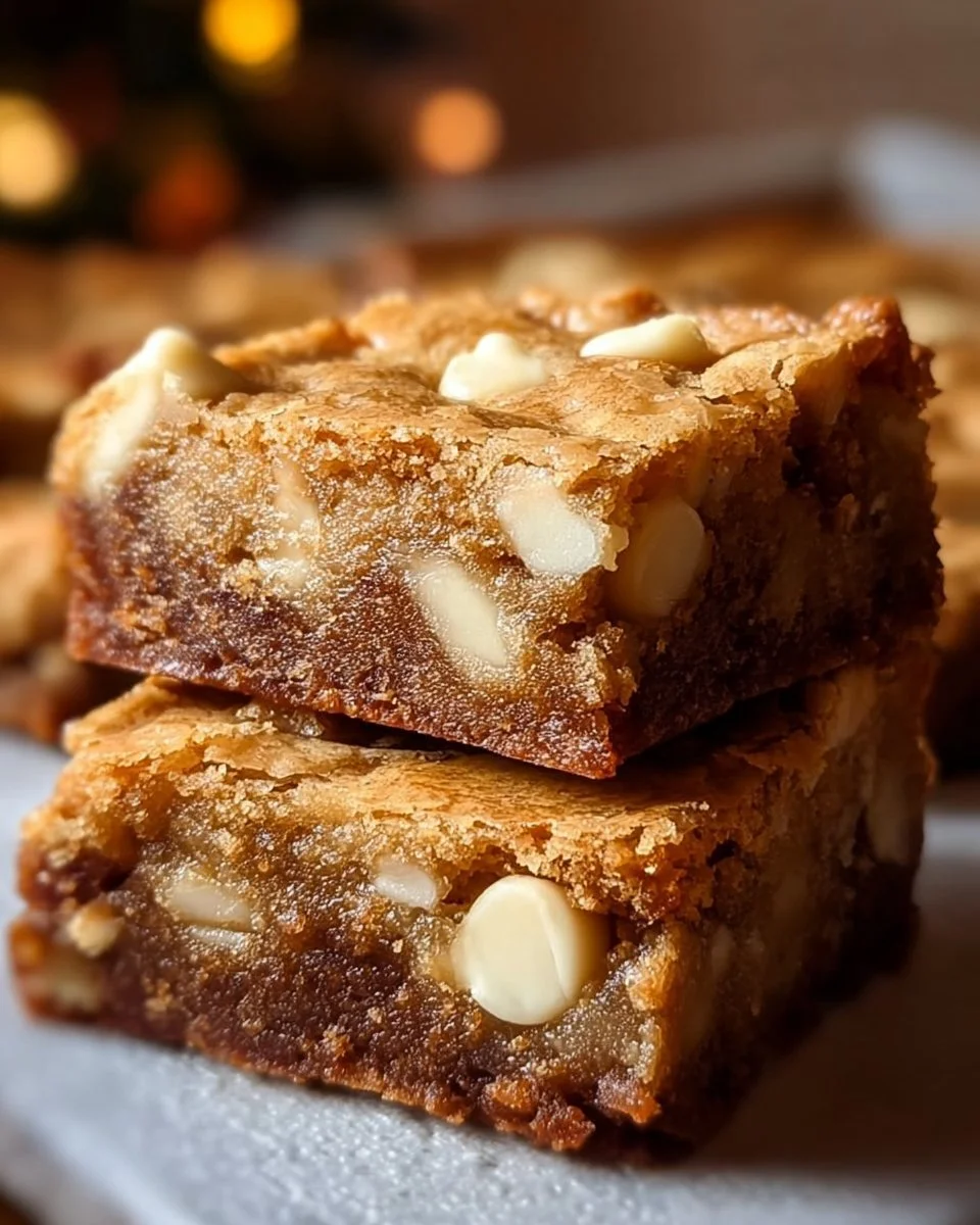 Delicious white chocolate blondie brownies displayed on a plate