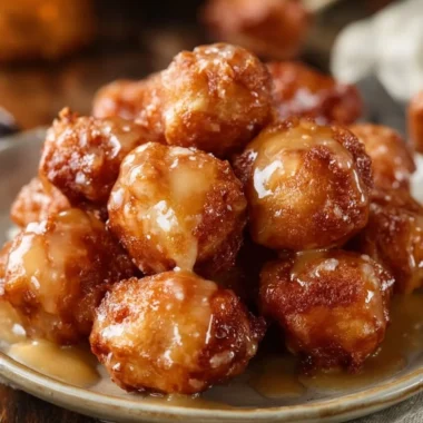 Delicious Apple Fritter Bites served on a plate with a dusting of powdered sugar.