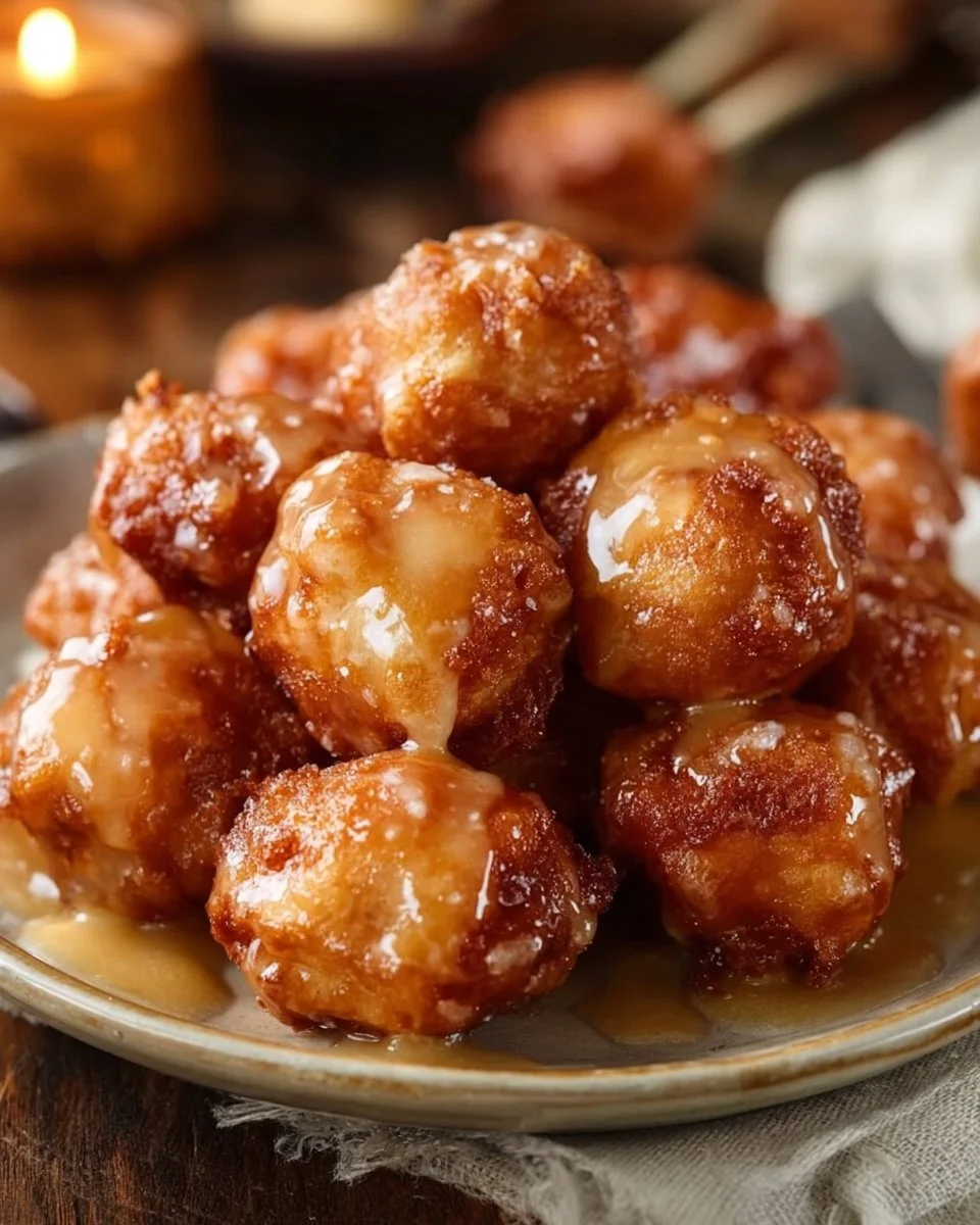 Delicious Apple Fritter Bites served on a plate with a dusting of powdered sugar.