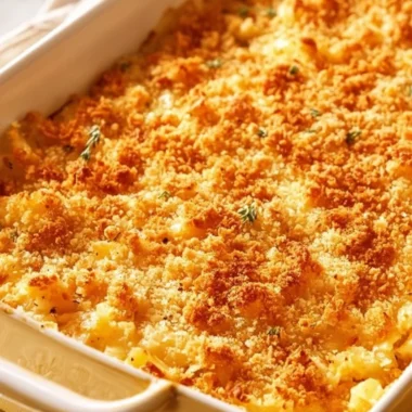 Delicious cabbage casserole topped with Ritz crackers, served in a dish.