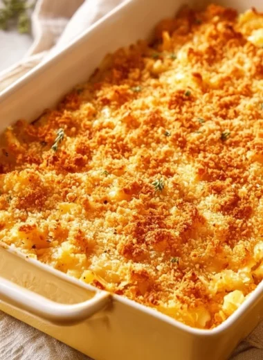 Delicious cabbage casserole topped with Ritz crackers, served in a dish.