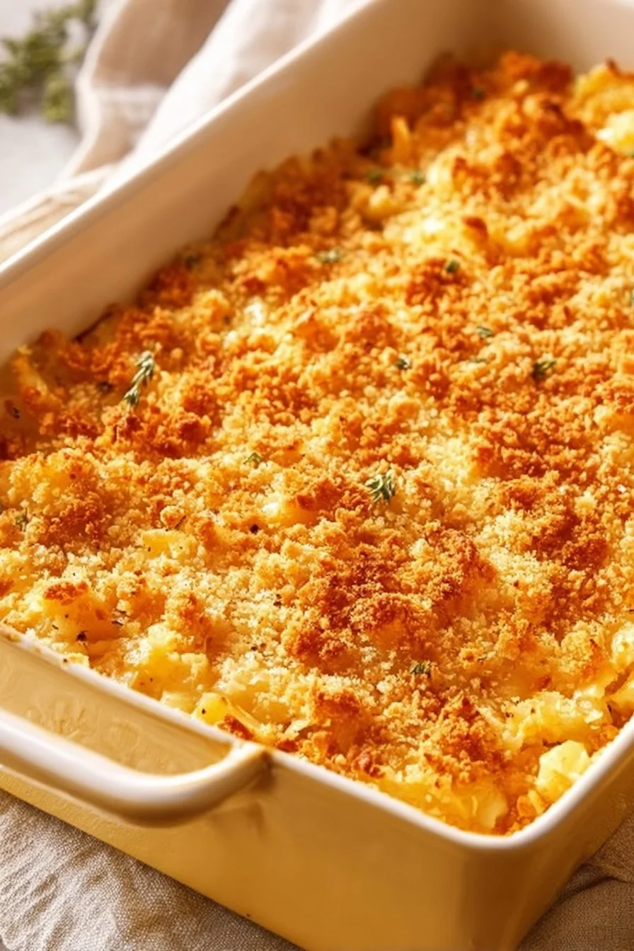 Delicious cabbage casserole topped with Ritz crackers, served in a dish.