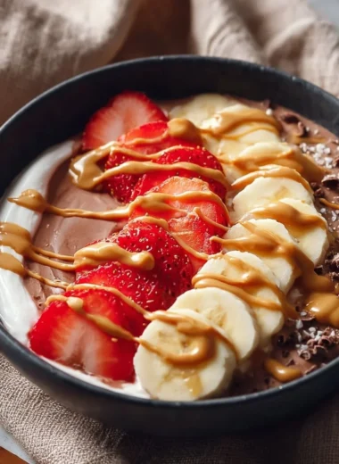 Delicious Greek yogurt dessert bowl topped with fruits and nuts