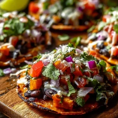 Black bean and sweet potato tostadas topped with fresh ingredients