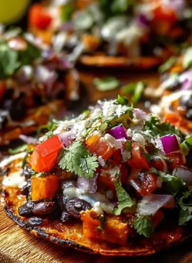 Black bean and sweet potato tostadas topped with fresh ingredients