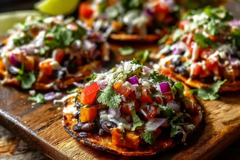 Black bean and sweet potato tostadas topped with fresh ingredients