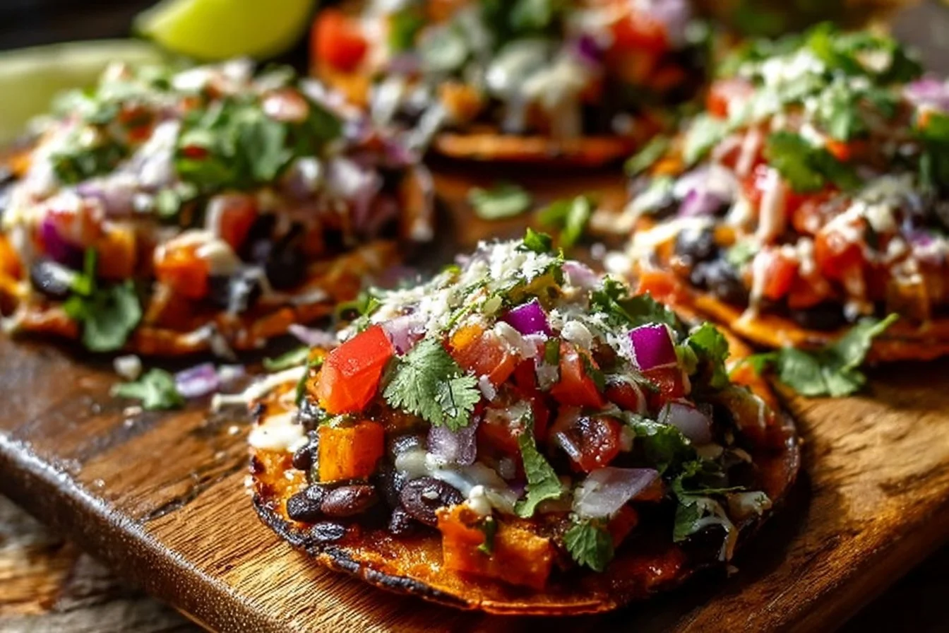 Black bean and sweet potato tostadas topped with fresh ingredients
