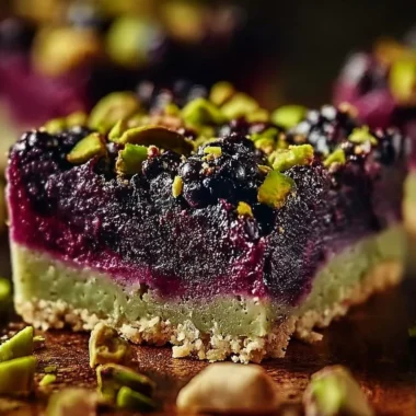 Delicious blackberry pistachio dream bars served on a plate